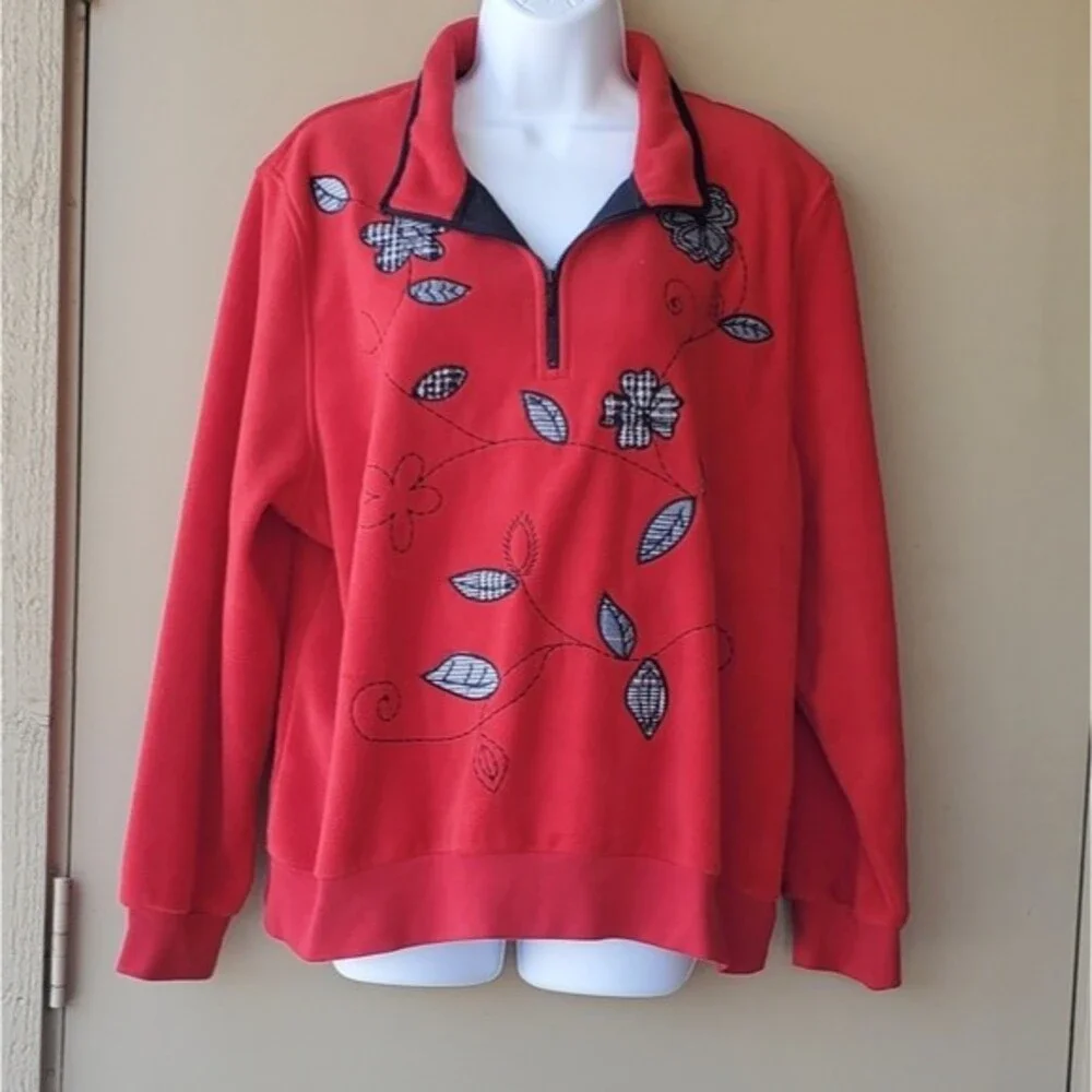 Vintage 1990s Grandma Core Red Checkered 1/4 Zip floral Fleece Pullover - Picture 1 of 10